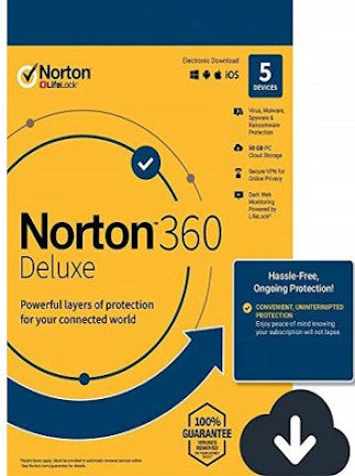 Norton 360 Deluxe + 50 GB Cloud Storage (5 Devices, 1 Year) - NortonLifeLock Key - EUROPE