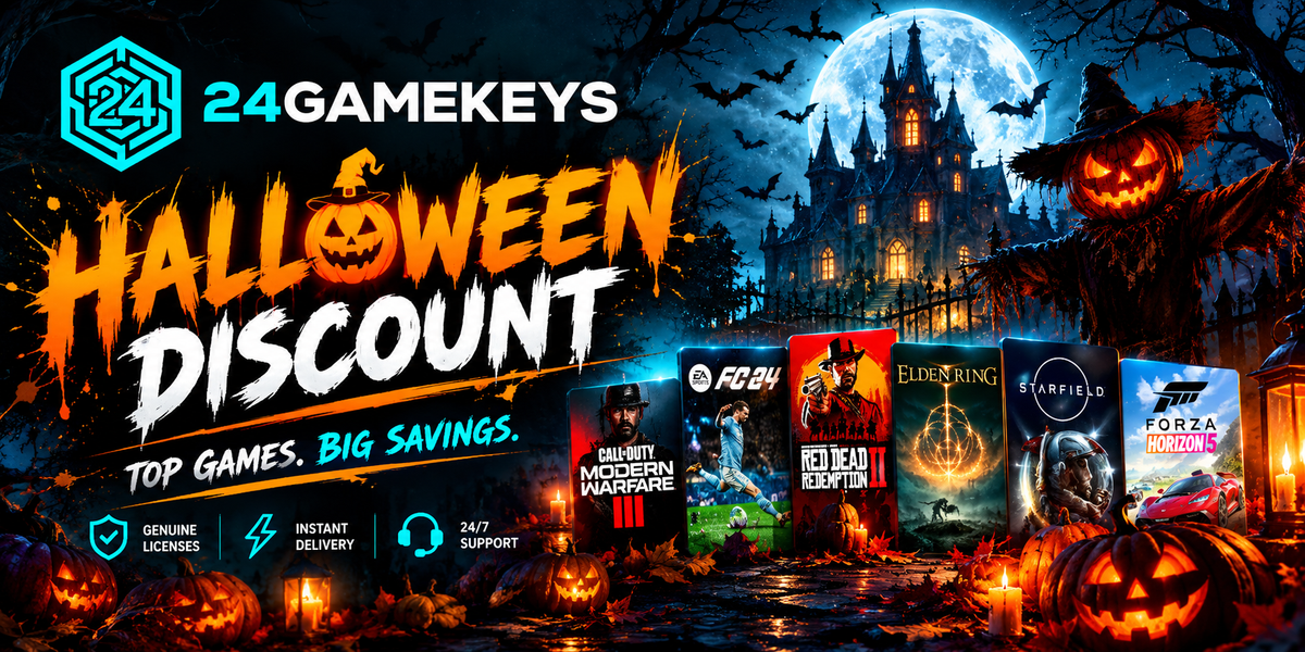 24GAMEKEYS Halloween gaming deals banner featuring discounted PC games, haunted castle, spooky pumpkins, and turquoise branding.