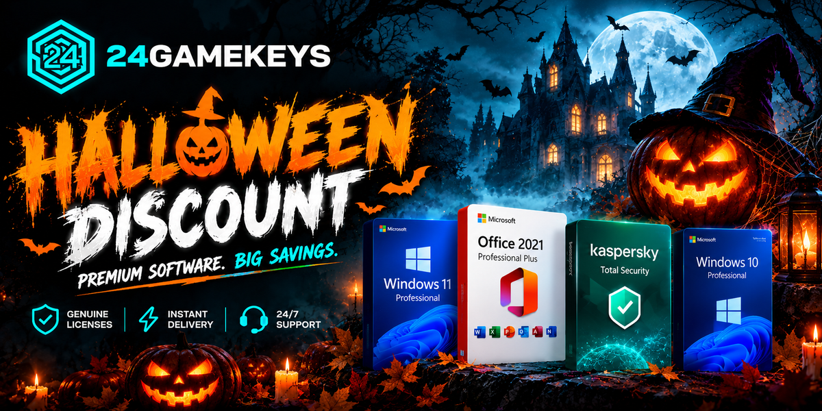 24GAMEKEYS Halloween software discount banner featuring Windows 11, Office 2021, Kaspersky, and Windows 10 with spooky pumpkins and haunted castle.