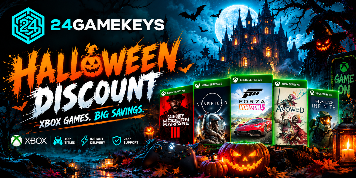 24GAMEKEYS Halloween Xbox games discount banner featuring Xbox Series X|S games, spooky pumpkins, a haunted castle,